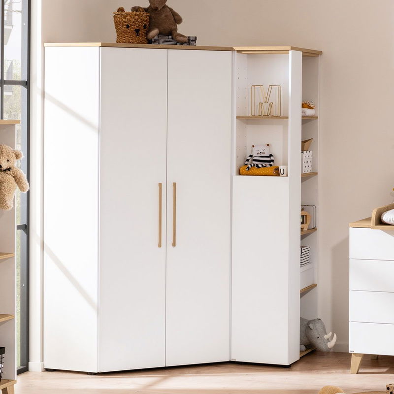 babyonlineshop Paidi Oscar Eck-Kleiderschrank 2T kreideweiß/Eiche-Nebraska
