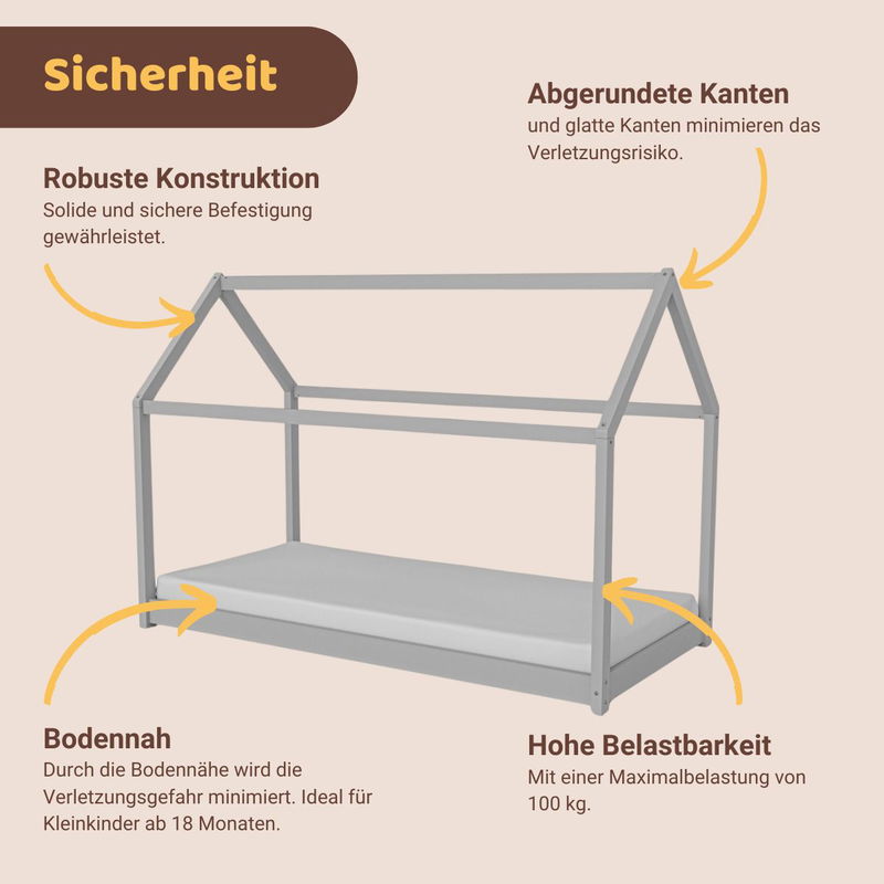 babyonlineshop Artkid Haley Grau Montessori Hausbett Bodenbett 90x200 inkl. Lattenrost massive Kiefer Blitzverkäufe