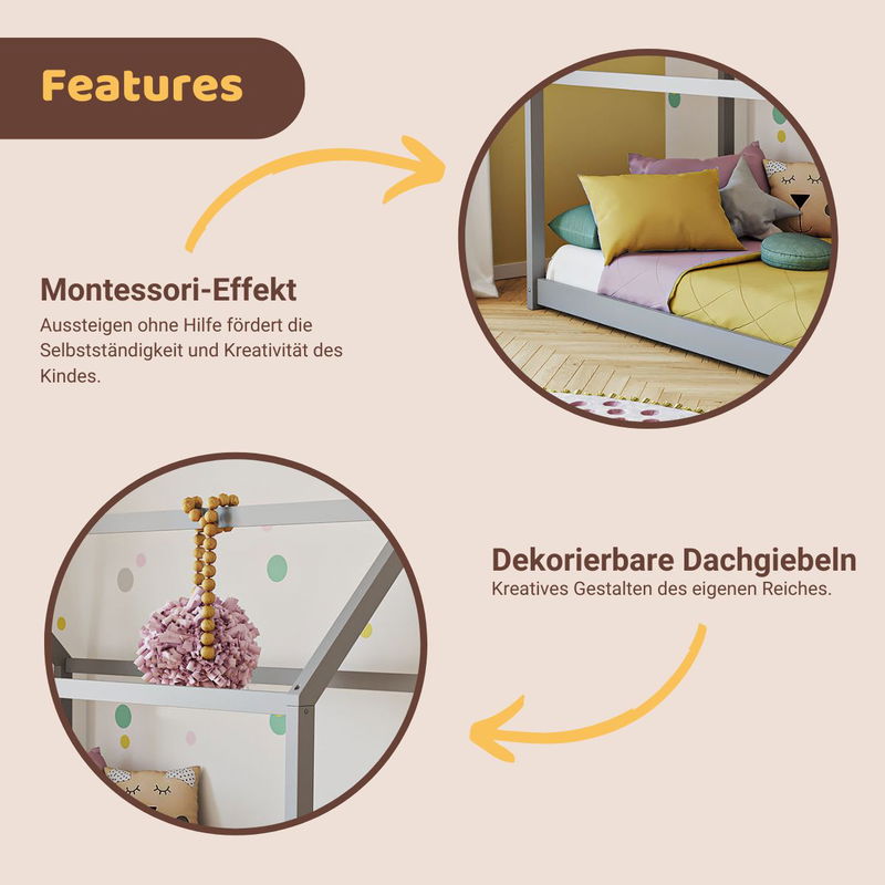 babyonlineshop Artkid Haley Grau Montessori Hausbett Bodenbett 90x200 inkl. Lattenrost massive Kiefer Blitzverkäufe