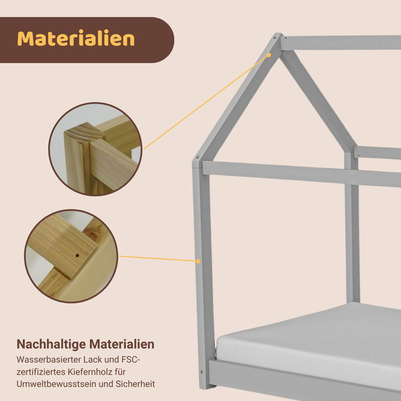 babyonlineshop Artkid Haley Grau Montessori Hausbett Bodenbett 90x200 inkl. Lattenrost massive Kiefer Blitzverkäufe