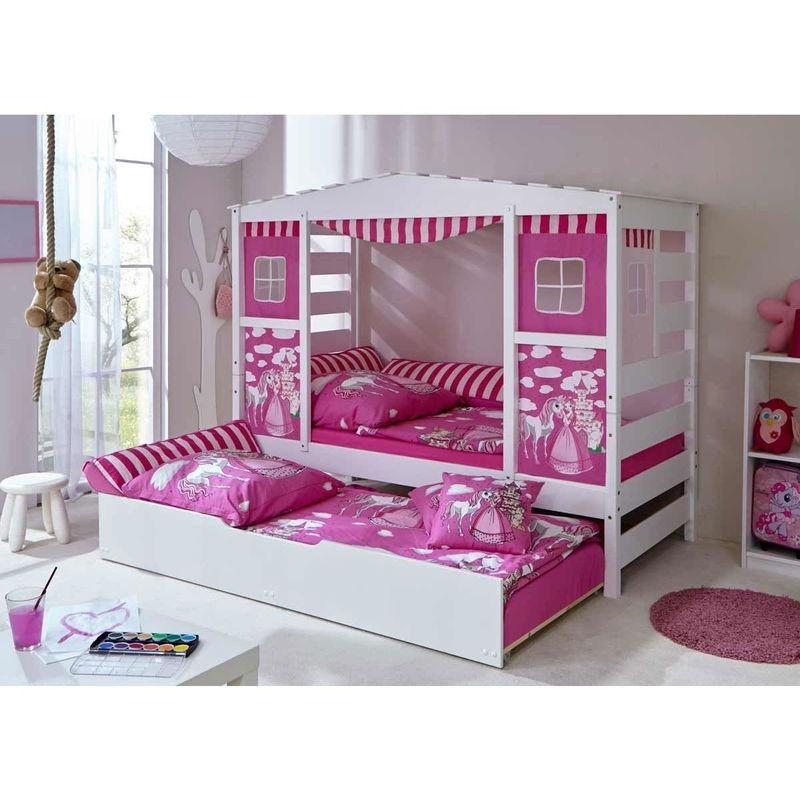 babyonlineshop Ticaa Hausbett Horse Rosa Kiefer Weiß & Bettkasten Massivholz - Dessin: Horse Rosa