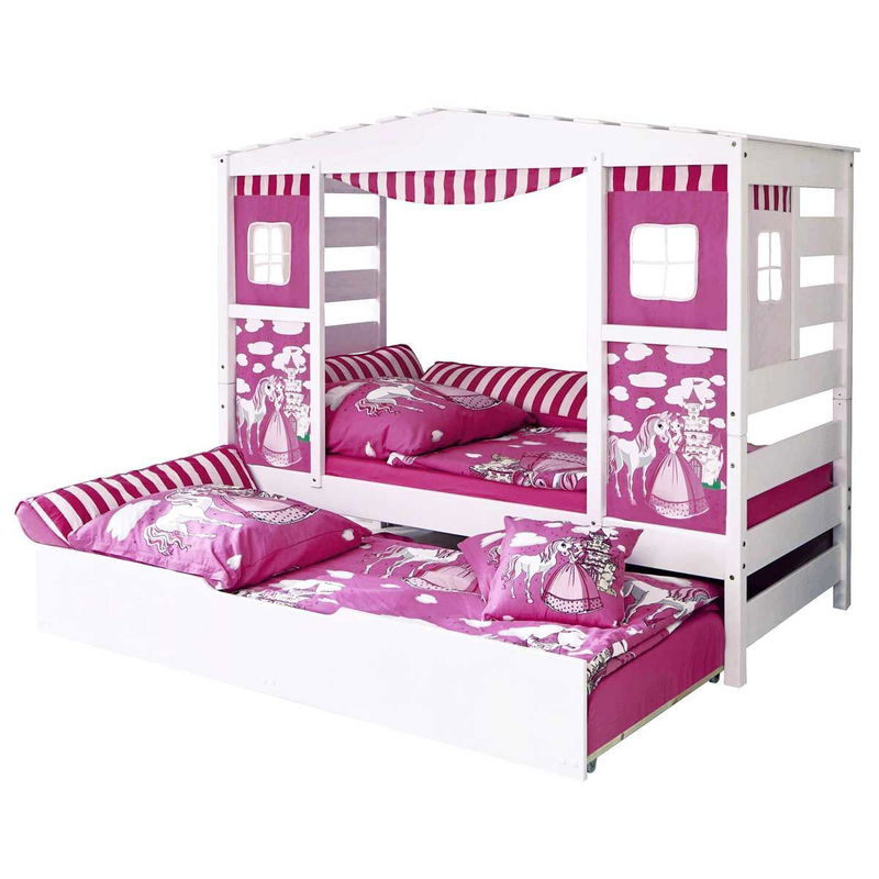 babyonlineshop Ticaa Hausbett Horse Rosa Kiefer Weiß & Bettkasten Massivholz - Dessin: Horse Rosa Großer Ausverkauf