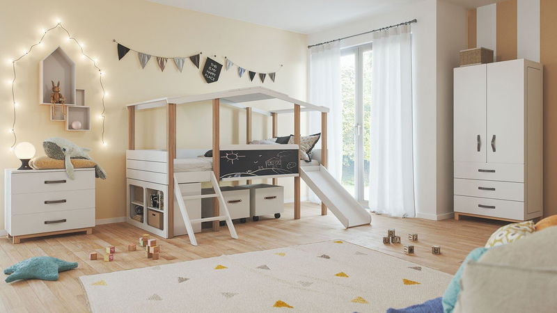 babyonlineshop Nature Kid Cory Kinderzimmer weiß/natur 5-teilig mit Hausbett 90 x 160 cm mit Dach