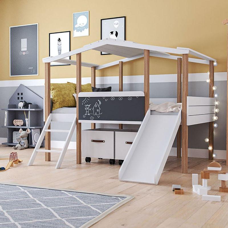 babyonlineshop Nature Kid Cory Kinderzimmer weiß/natur 5-teilig mit Hausbett 90 x 160 cm mit Dach Große Rabatte