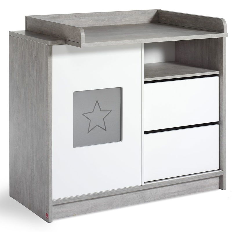 babyonlineshop Schardt Eco Star Wickelkommode Weiß/Driftwood 1 Schiebetür 2 Schubkästen - mit Wickelaufsatz