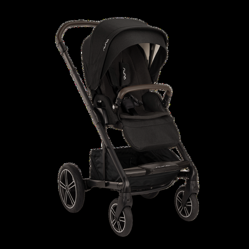 babyonlineshop Nuna MIXX next Kinderwagen mit magnetischem Verschluss inkl. Kniedecke Adapter Regenverdeck & braunem Ledergriff Caviar