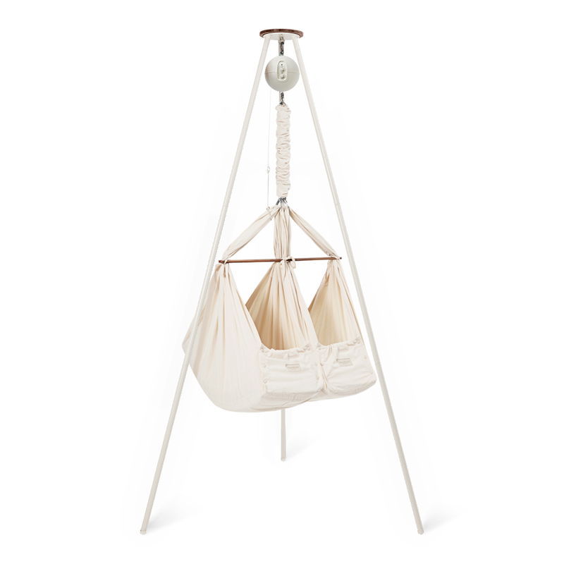 babyonlineshop Moonboon Ökologische Zwillings-Federwiegen-Bundle Nature mit Motor Conect Gestell weiß