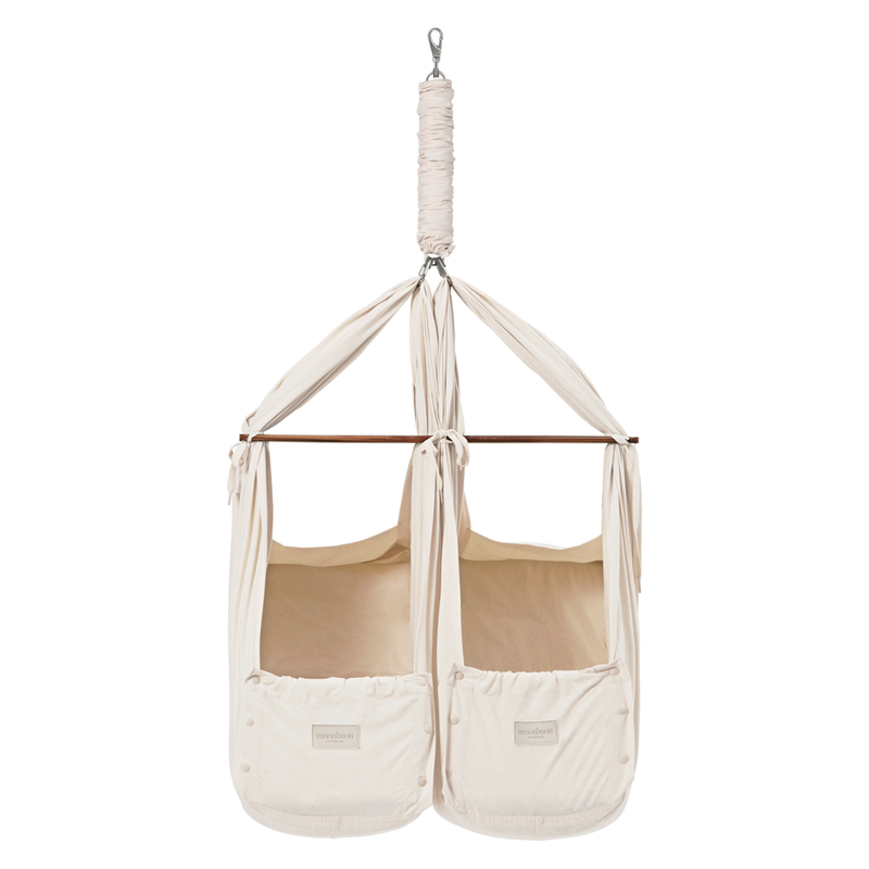 babyonlineshop Moonboon Ökologische Zwillings-Federwiegen-Bundle Nature mit Motor Conect Gestell weiß Wochenangebot