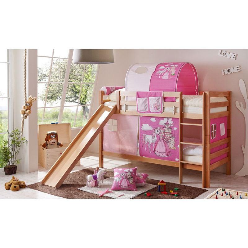 babyonlineshop Ticaa Lupo Etagenbett mit Rutsche Buche natur Massivholz - Vorhang-Dessin wählbar
