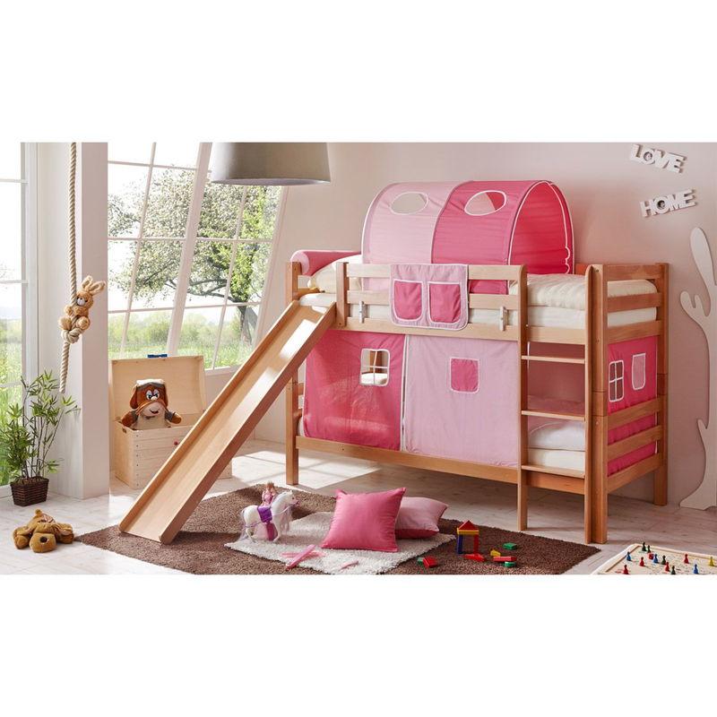 babyonlineshop Ticaa Lupo Etagenbett mit Rutsche Buche natur Massivholz - Vorhang-Dessin wählbar JETZT KAUFEN