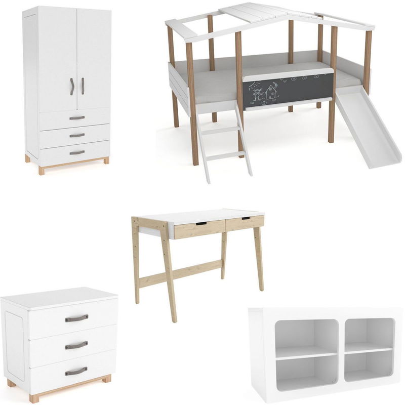 babyonlineshop Nature Kid Cory Kinderzimmer weiß/natur 8-teilig mit Hausbett 90 x 200 cm Dach & Schreibtisch