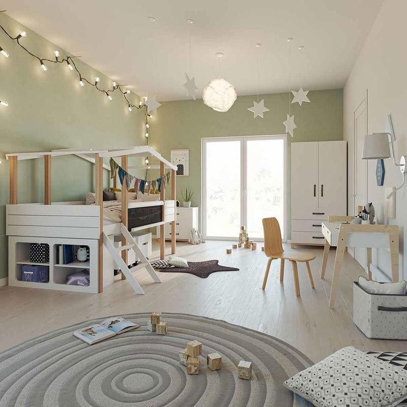 babyonlineshop Nature Kid Cory Kinderzimmer weiß/natur 8-teilig mit Hausbett 90 x 200 cm Dach & Schreibtisch Zeitbegrenzte Promotion