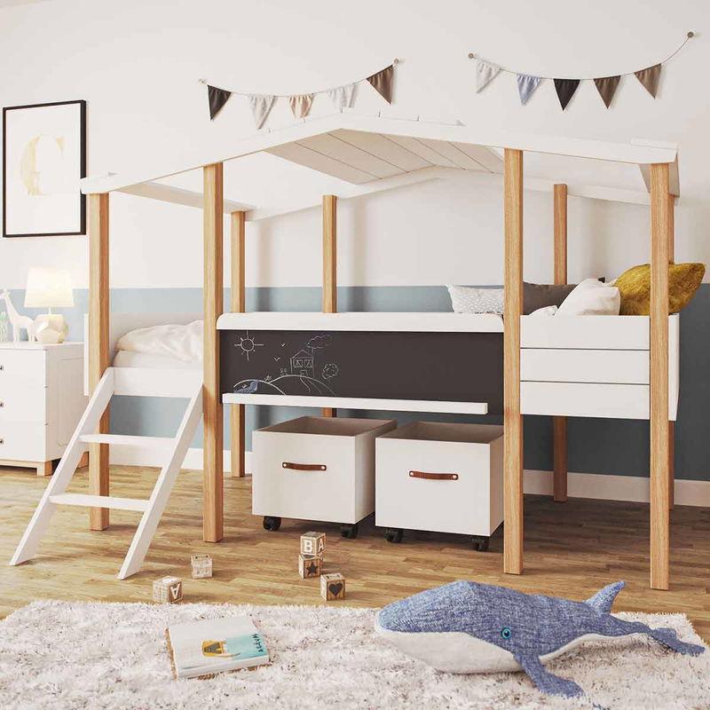 babyonlineshop Nature Kid Cory Kinderzimmer weiß/natur 8-teilig mit Hausbett 90 x 200 cm Dach & Schreibtisch Zeitbegrenzte Promotion